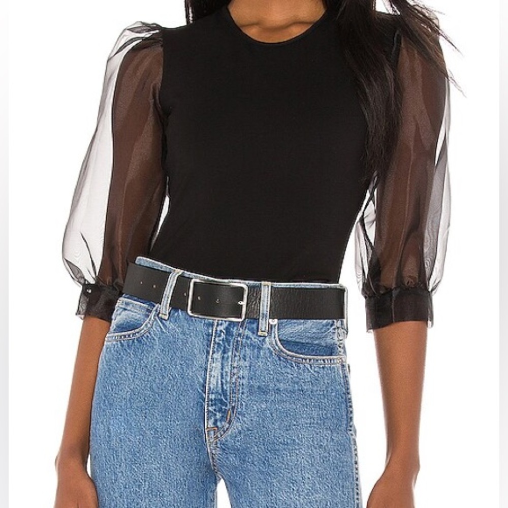Amanda Uprichard Jilly Top Shirt Sheer Black Top Open Back Organza Puff Sleeves